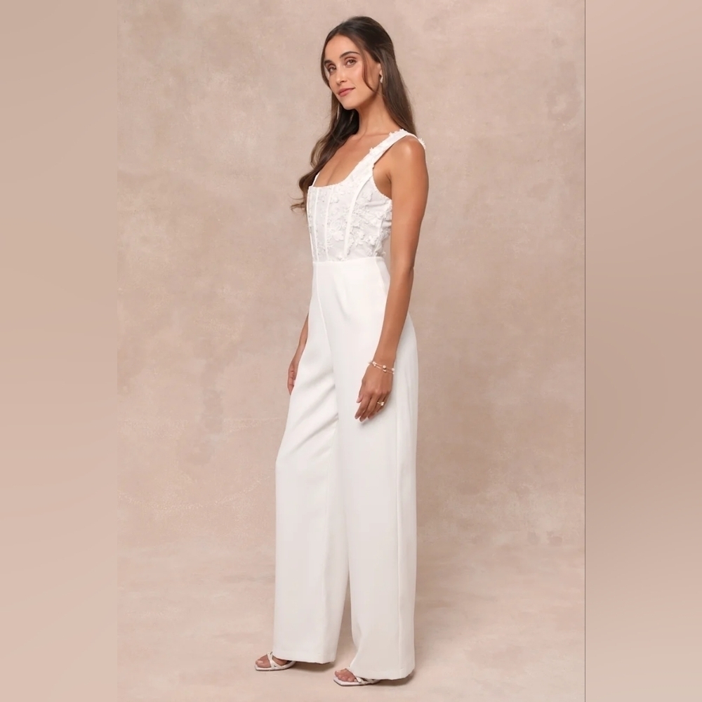 Lulus Truly Profound White Mesh 3D Floral Embroidered Bustier Jumpsuit M Wedding - Picture 4 of 10